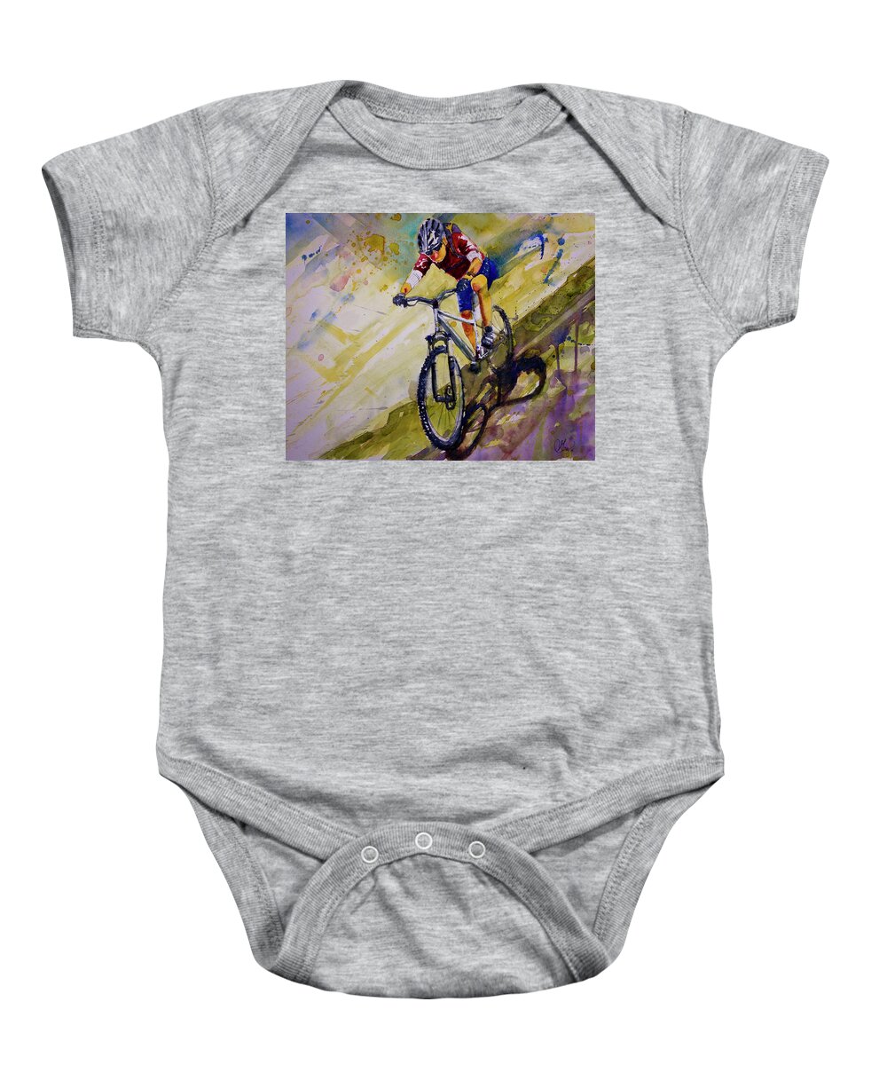Mountain Bike Wall Art Baby Onesie featuring the painting Mountain Biking by Gray Artus