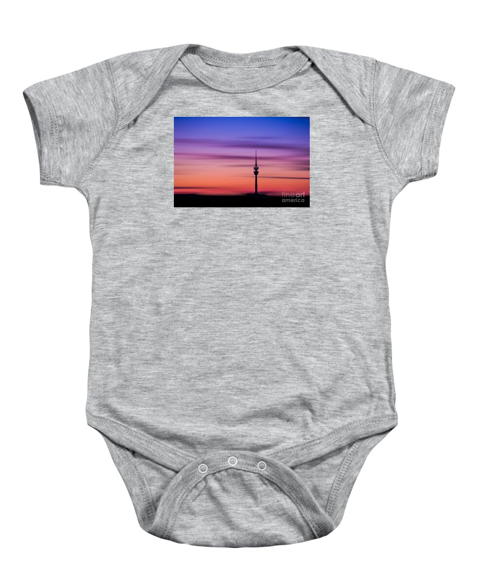 Bavaria Baby Onesie featuring the photograph Munich - Olympiaturm at sunset by Hannes Cmarits