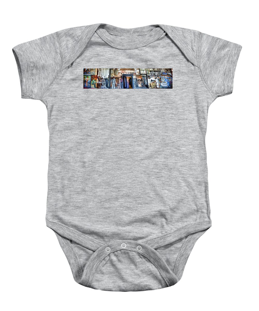 San Francisco Baby Onesie featuring the photograph Mural Coit Tower Interior Panorama by Chuck Kuhn