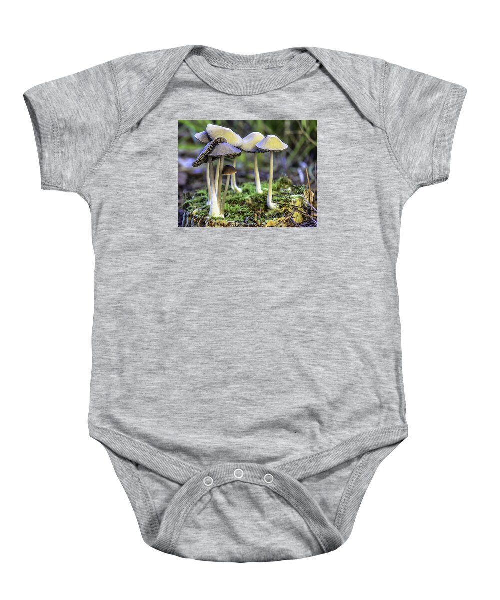 Nature Baby Onesie featuring the photograph Family of Mushrooms by WAZgriffin Digital