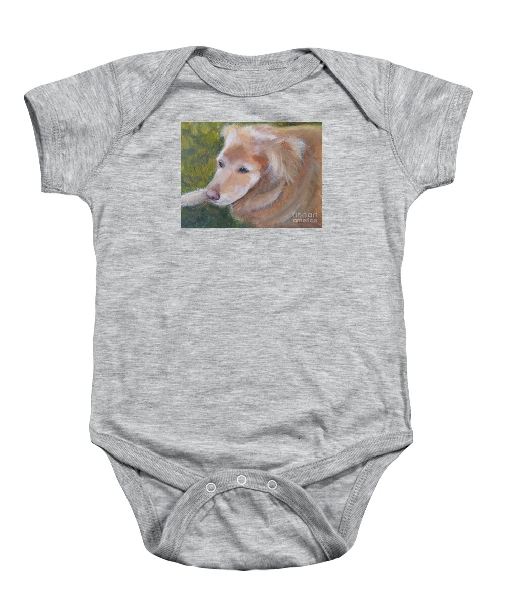 Dog Baby Onesie featuring the painting my pet, Peeve by Nancy Anton