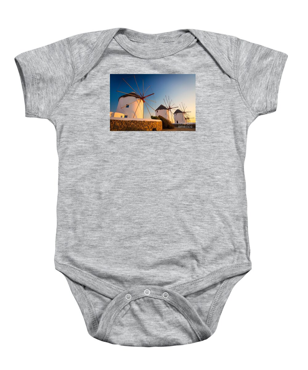 Aegean Sea Baby Onesie featuring the photograph Mykonos Windmills by Inge Johnsson