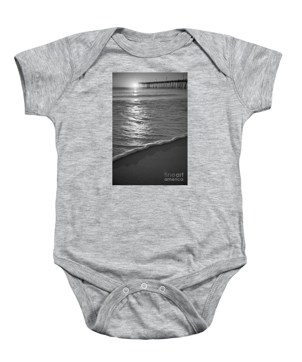 Nags Head Fishing Pier Baby Onesie featuring the photograph Nags Head First Light BW by Michael Ver Sprill