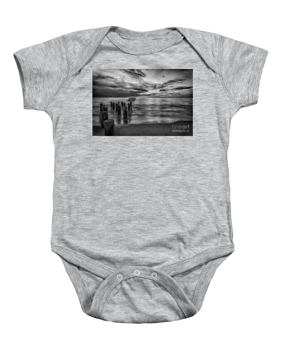 Old Naples Pier Baby Onesie featuring the photograph Naples sunset in Black and White by Paul Quinn