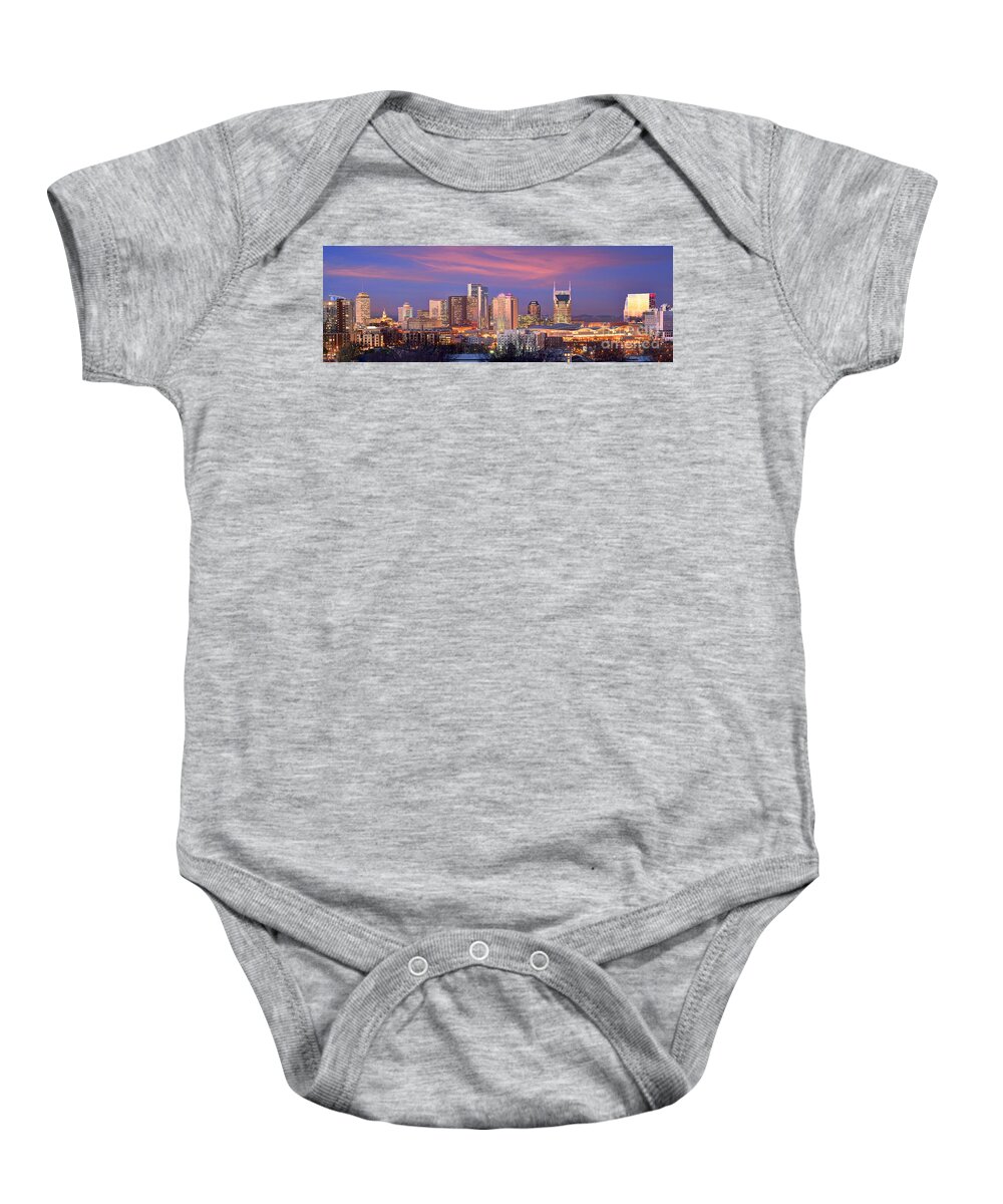 Nashville Baby Onesie featuring the photograph Nashville Skyline at Dusk 2018 Panorama Color by Jon Holiday