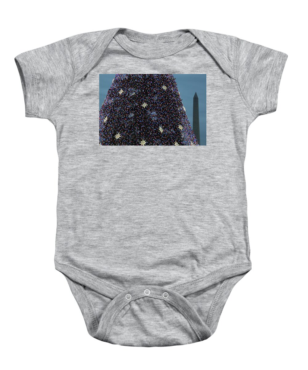 National Baby Onesie featuring the photograph National Christmas Tree And Washington Monument by Cora Wandel