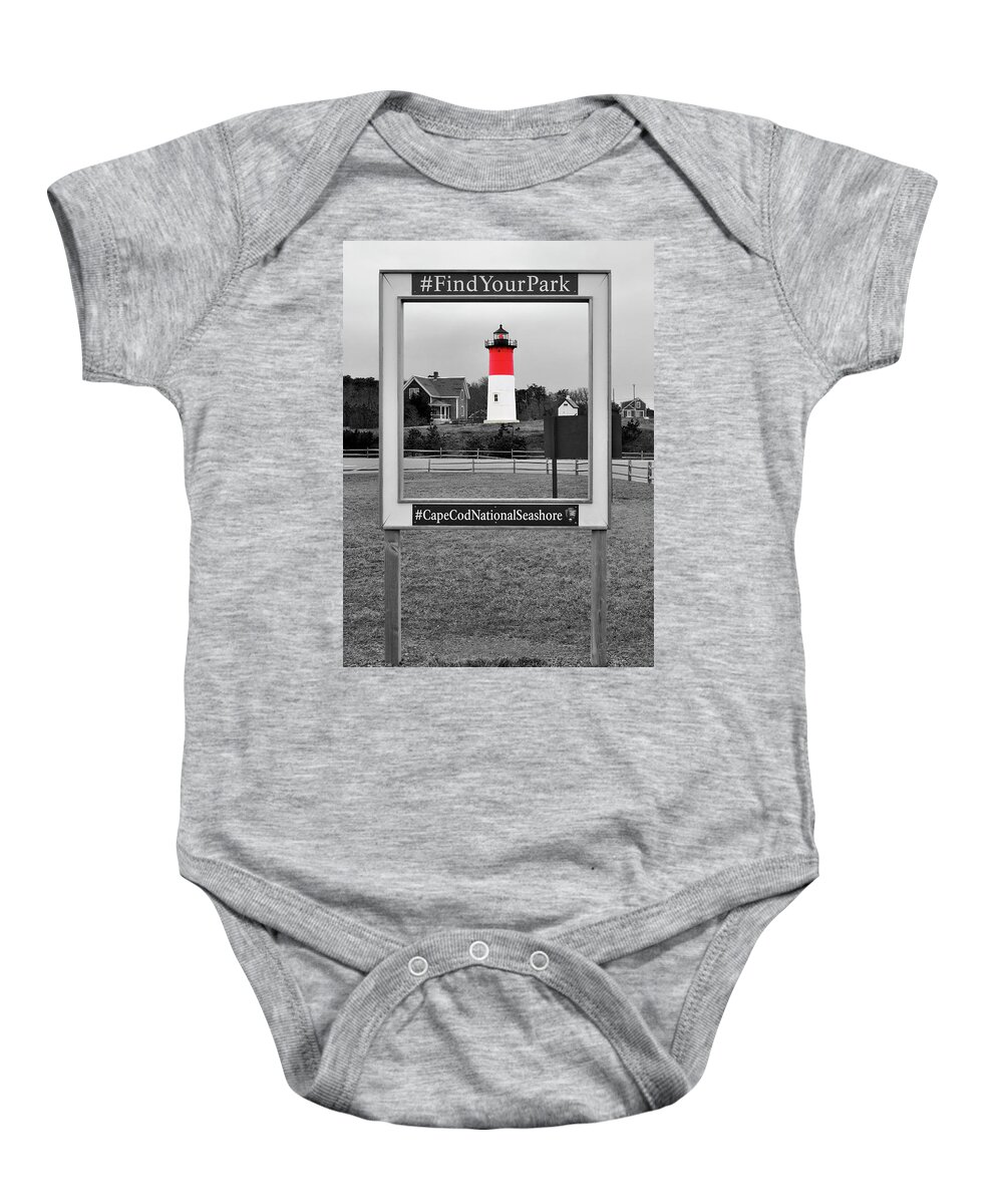 Cape Cod Baby Onesie featuring the photograph Nauset Light Monochrome with Colorful Lighthouse by Luke Moore
