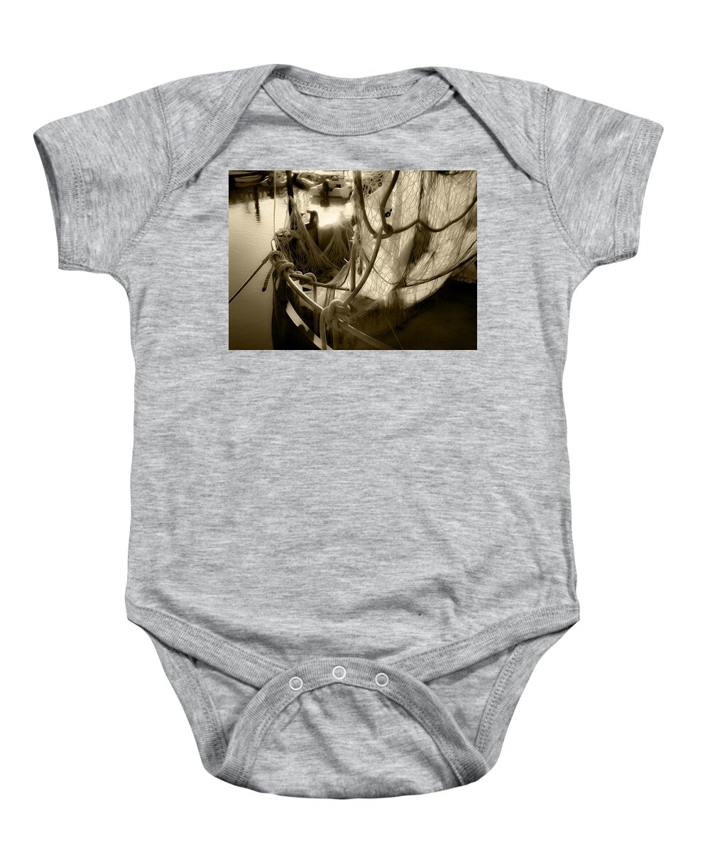 Bonnie Follett Baby Onesie featuring the photograph Nautical Dreams in Sepia by Bonnie Follett