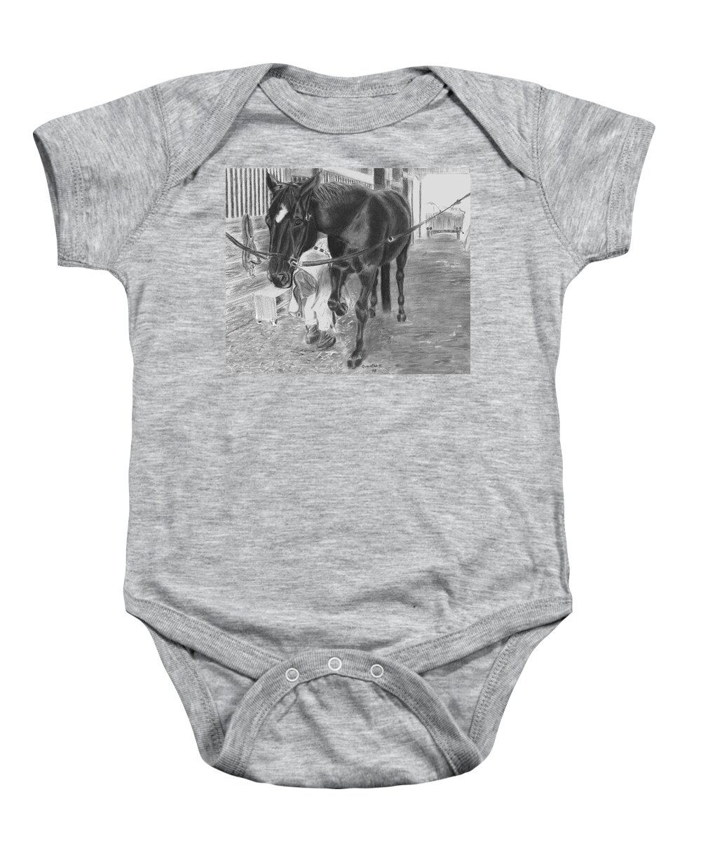 Horse Baby Onesie featuring the drawing New Shoes by Quwatha Valentine