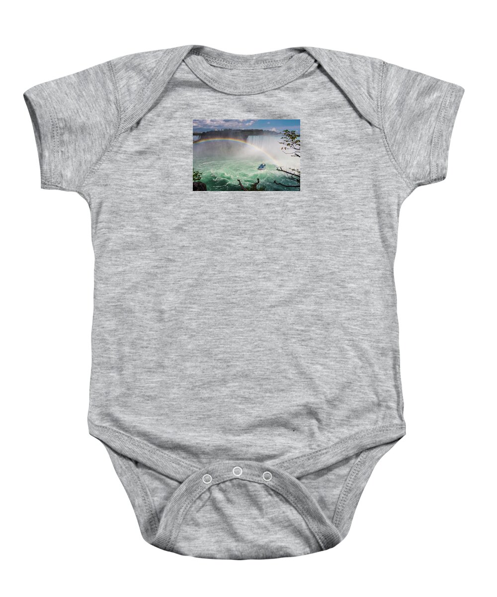 Travel Baby Onesie featuring the photograph Niagara Falls, Rainbow and Maid of the Mist by Venetia Featherstone-Witty