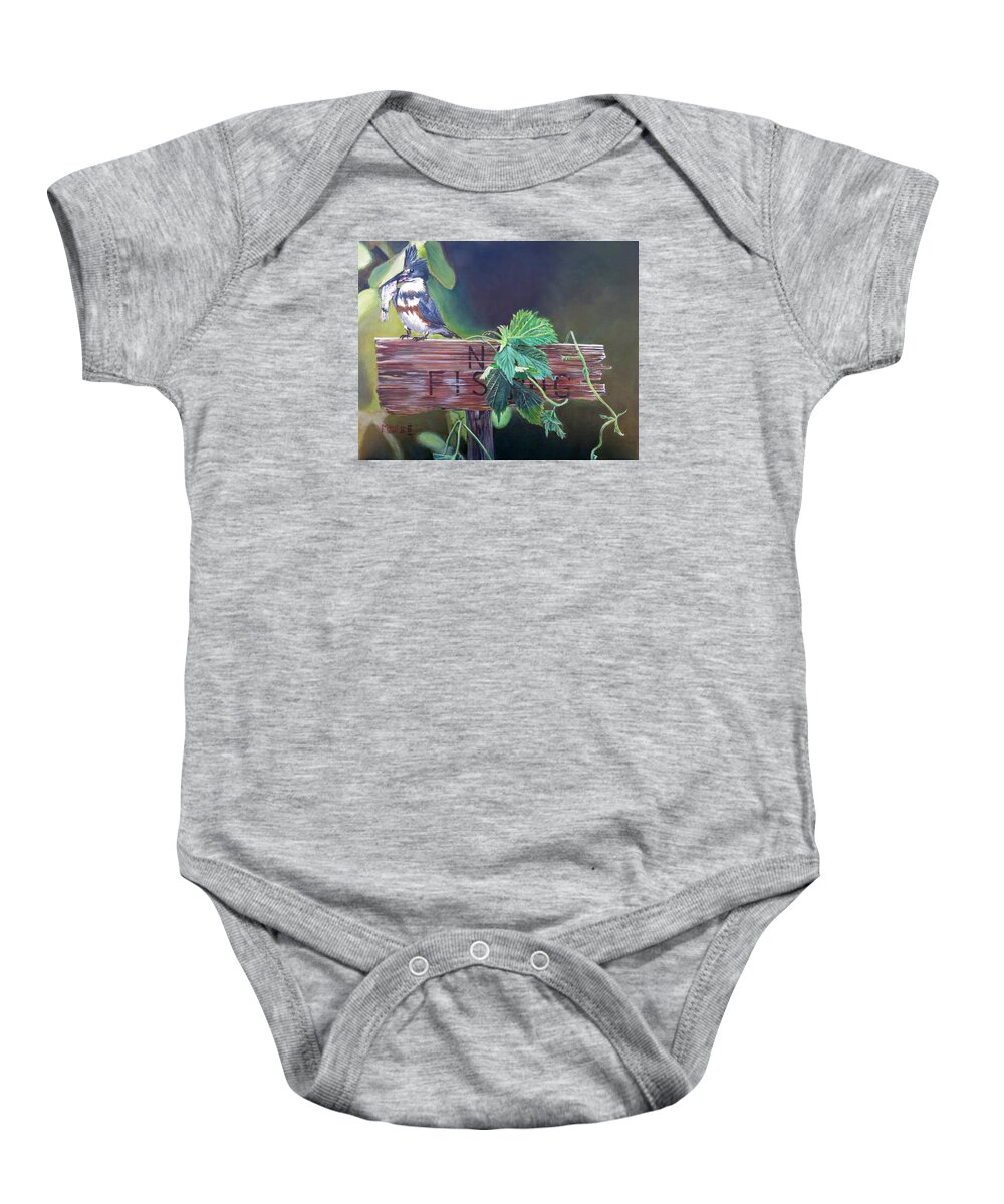 Belted Kingfisher Baby Onesie featuring the painting No Fishing by Marilyn McNish