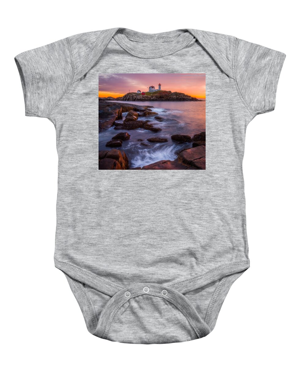 Maine Baby Onesie featuring the photograph Nubble Light Sunrise by Darren White