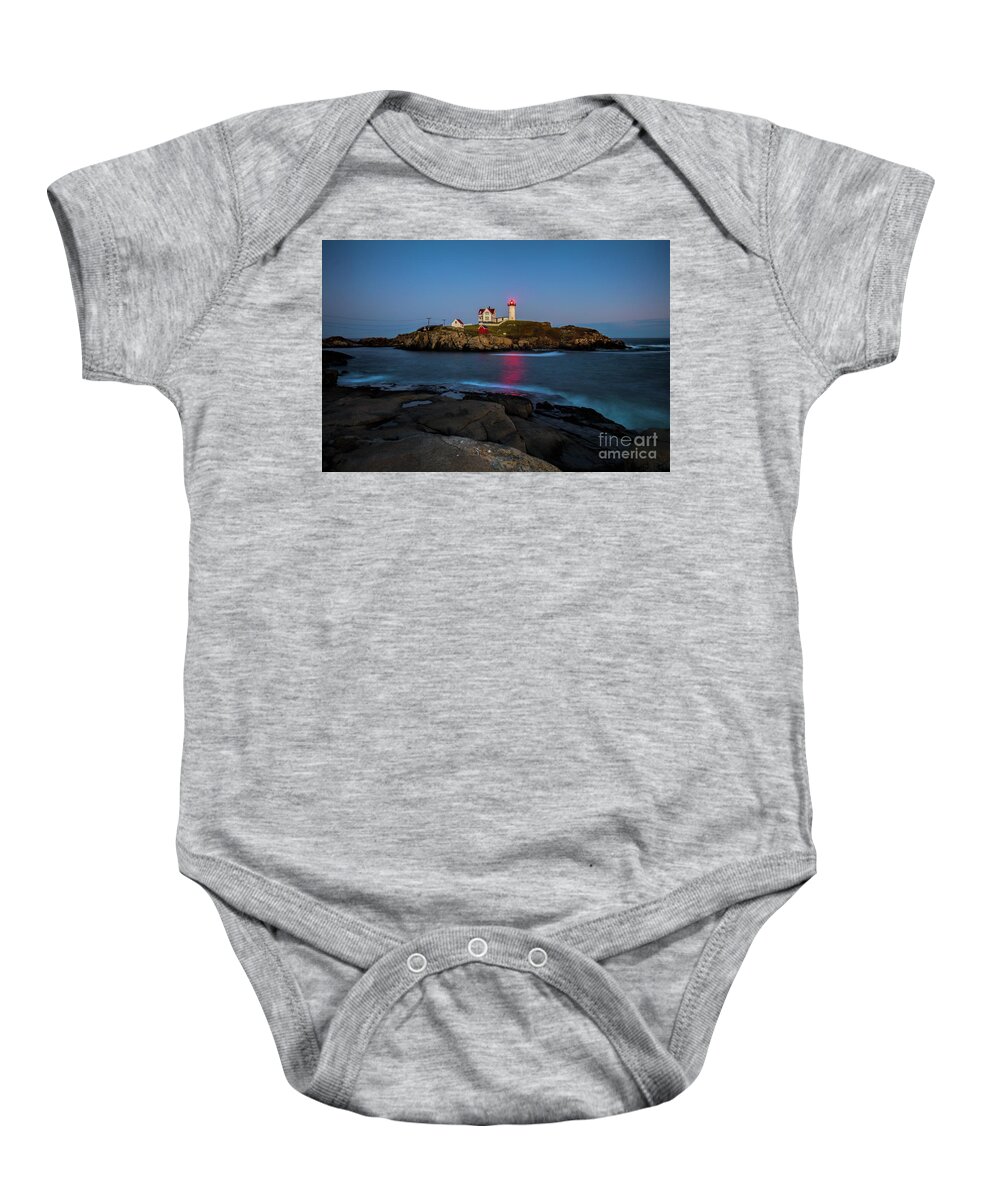 Nubble Lighthouse After Sunset Baby Onesie featuring the photograph Nubble Lighthouse After Sunset, Maine, Long Exposure by Felix Lai