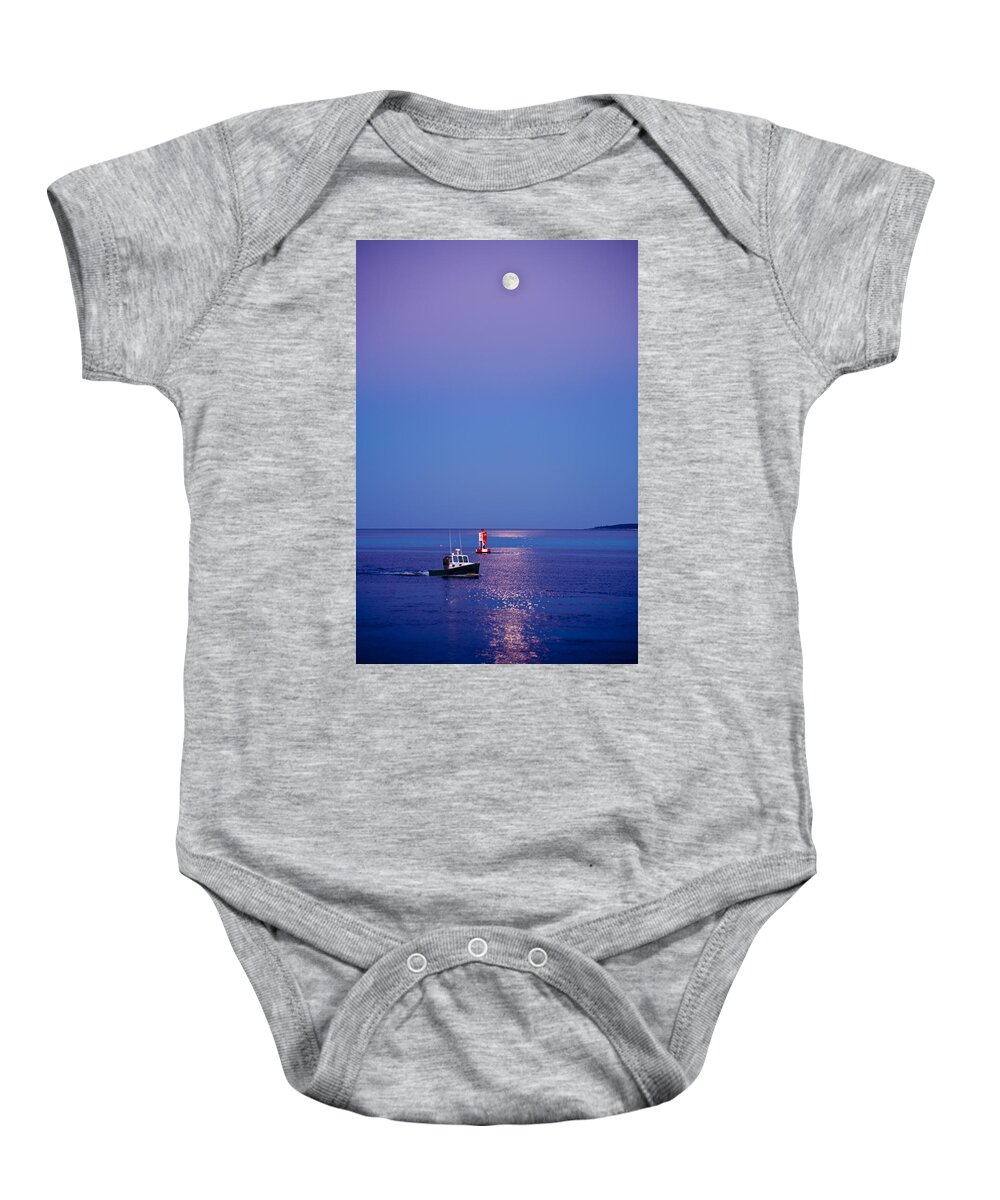 Maine Baby Onesie featuring the photograph Ocean Moonrise by Steve Gadomski