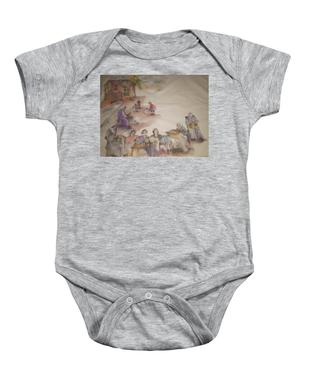 The Netherlands. Cityscape. Figures. Lacemaking. Baby Onesie featuring the painting Of clogs and windmills albums by Debbi Saccomanno Chan
