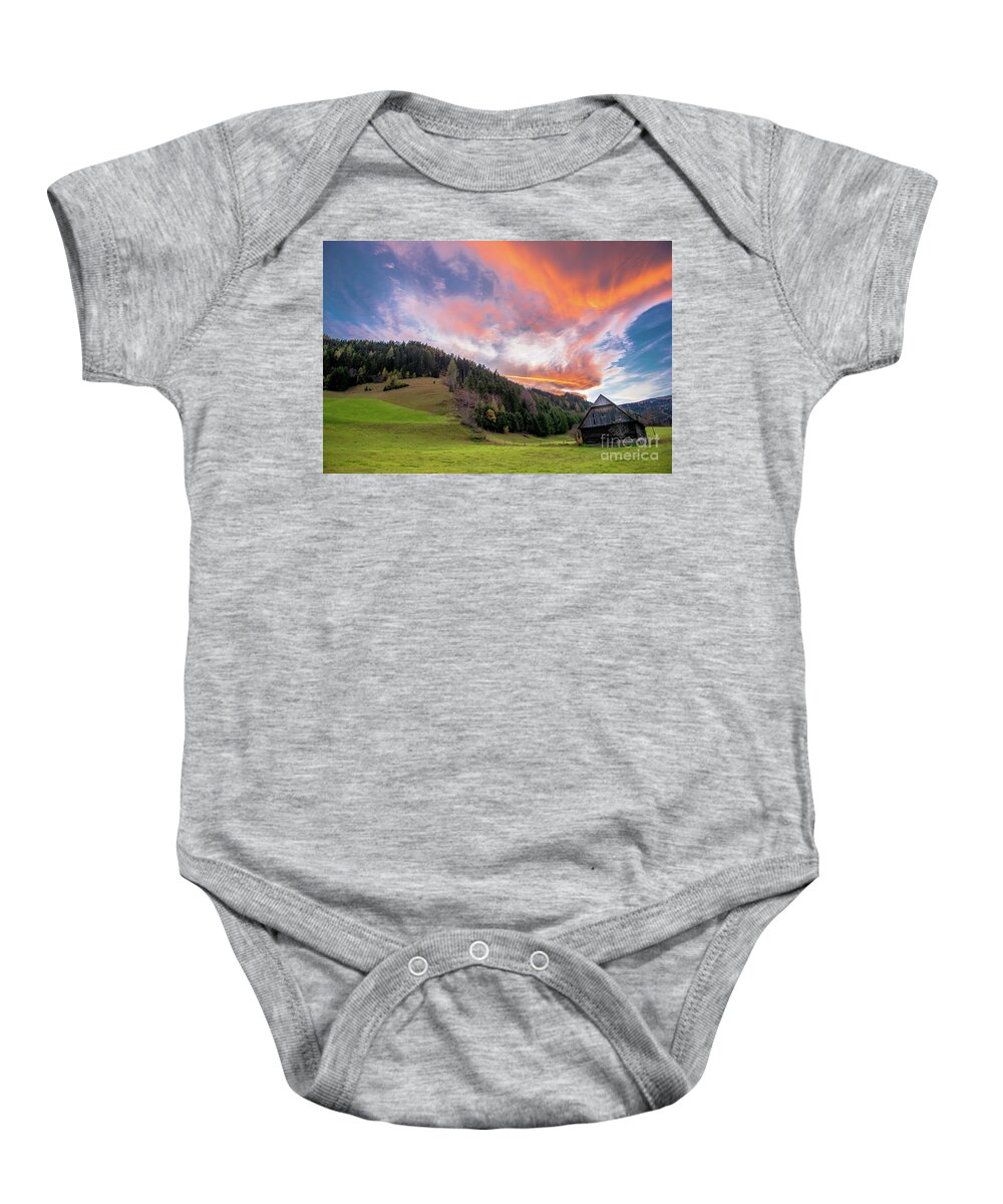 Barn Baby Onesie featuring the photograph Old Barn At Sunset With Red Clouds by Andreas Berthold