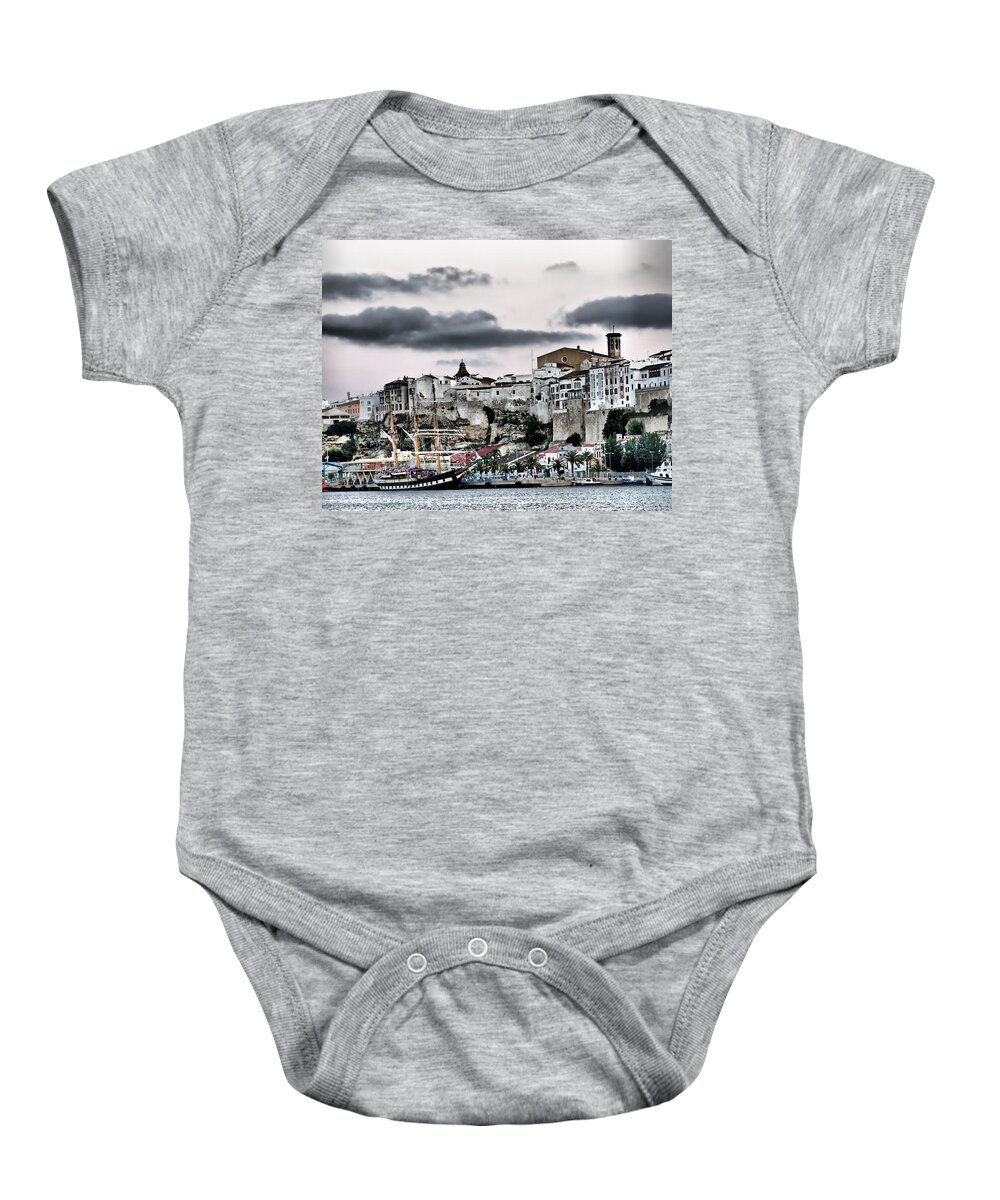 Hdr Baby Onesie featuring the photograph Old port Mahon and Italian sail training vessel Palinuro hdr by Pedro Cardona Llambias