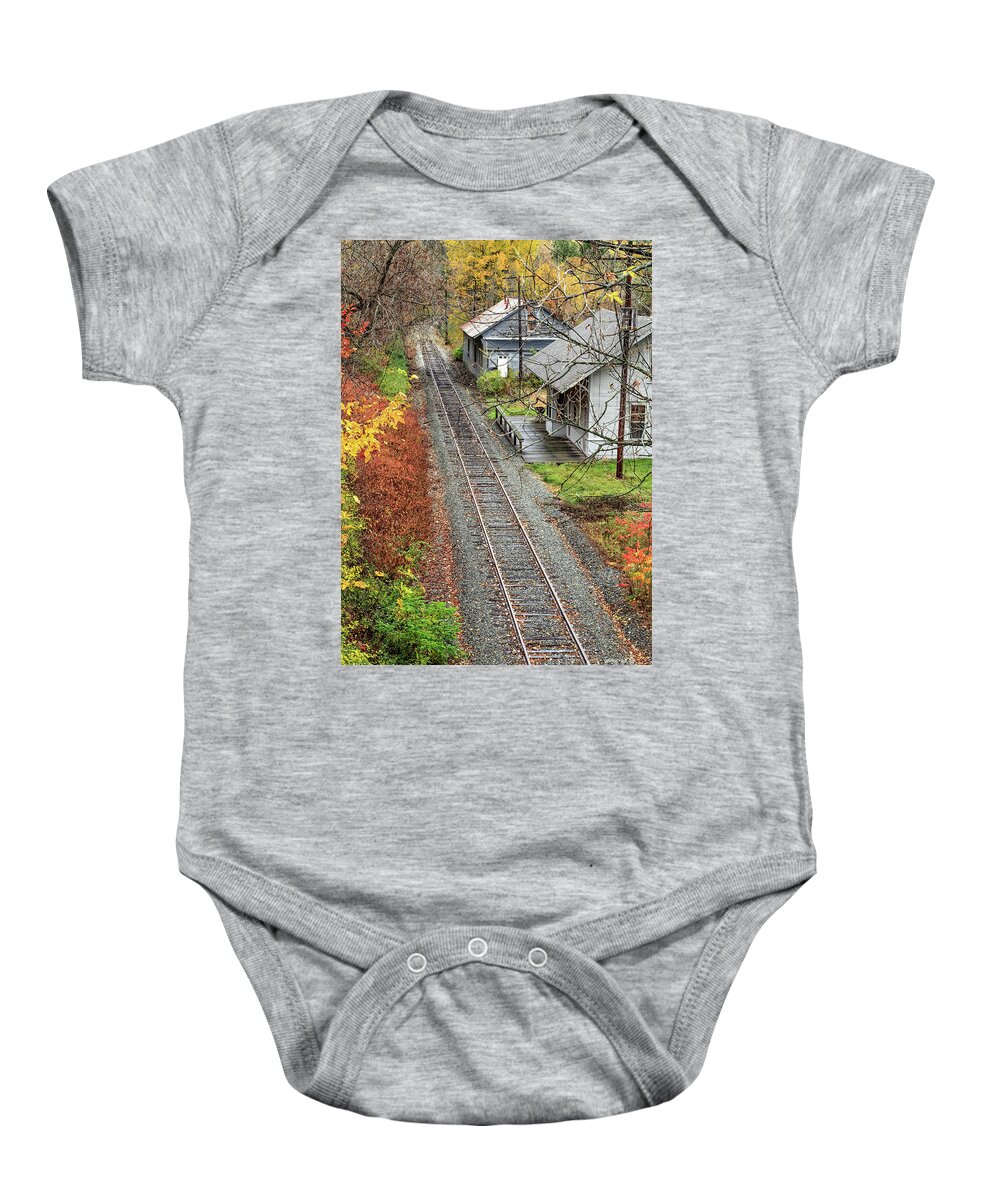 Train Baby Onesie featuring the photograph Old Train Station Norwich Vermont by Edward Fielding