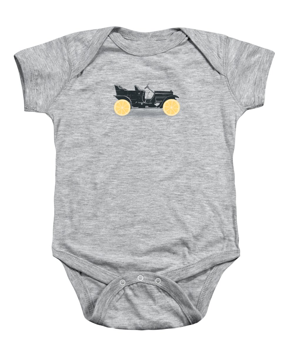 Classic Cars Baby Onesie featuring the digital art Oldtimer Historic Car with lemon wheels by Philipp Rietz