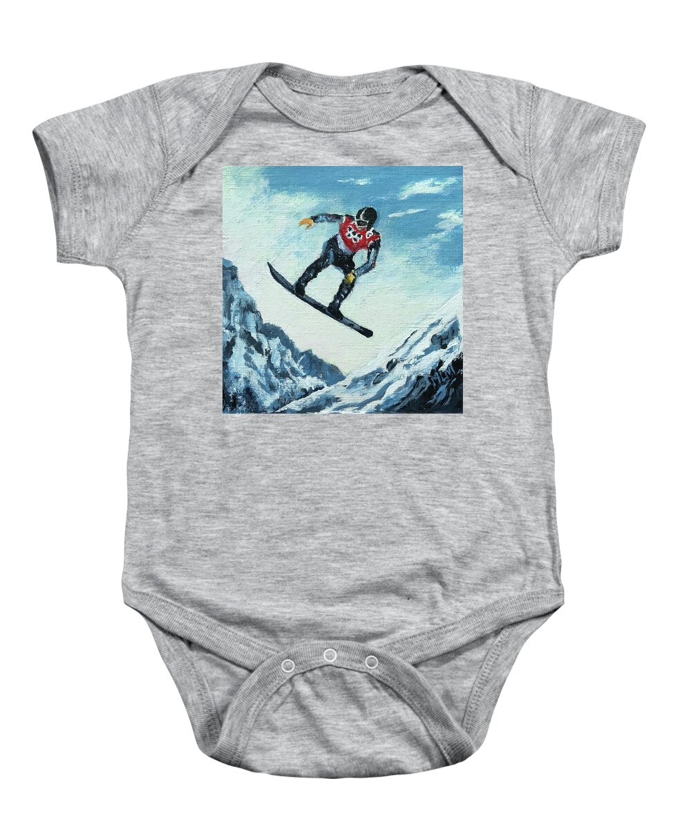Black Baby Onesie featuring the painting Olympic Snowboarder by ML McCormick