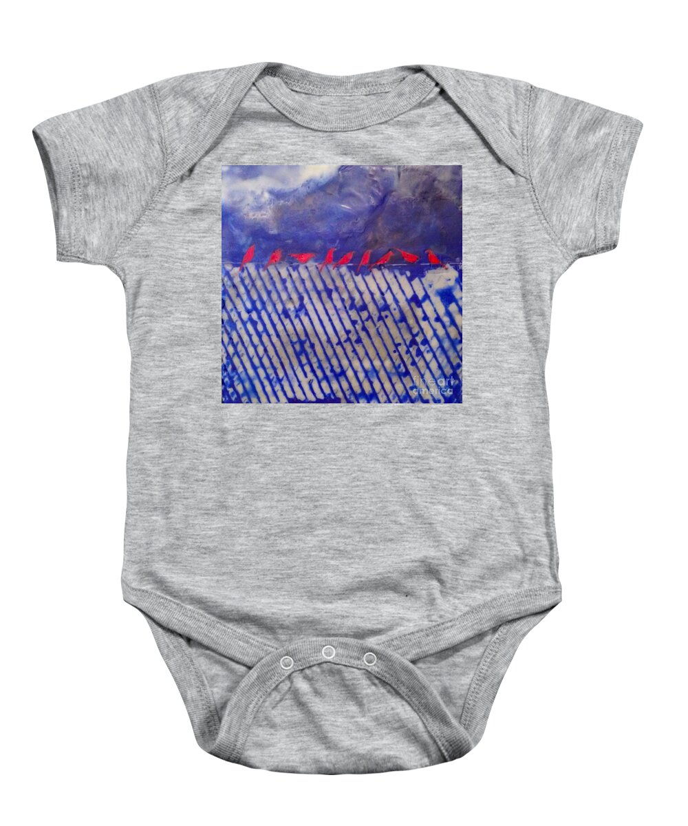 Red Baby Onesie featuring the painting On The Fence by Amy Stielstra