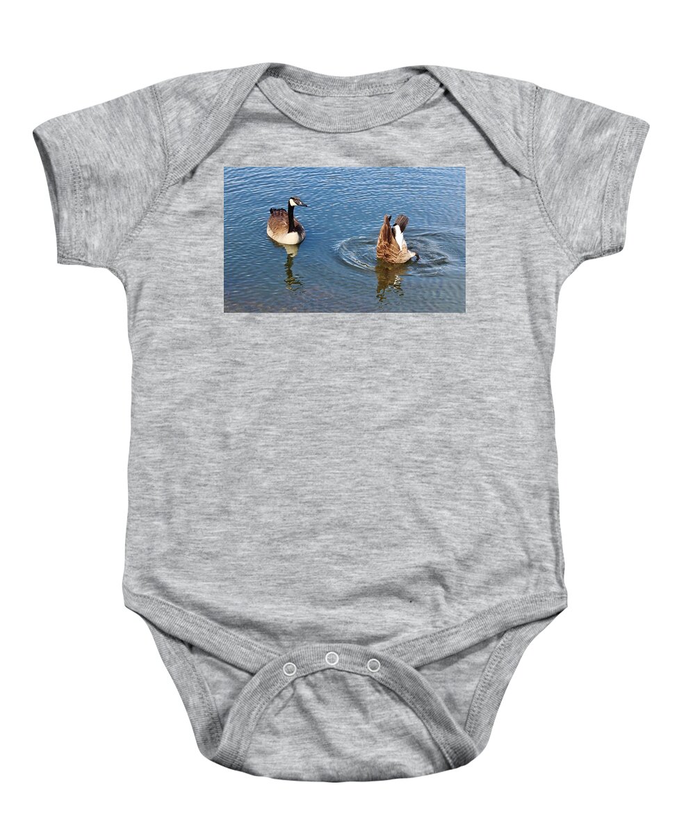 Canadian Geese Baby Onesie featuring the photograph One Up One Down by Cynthia Guinn