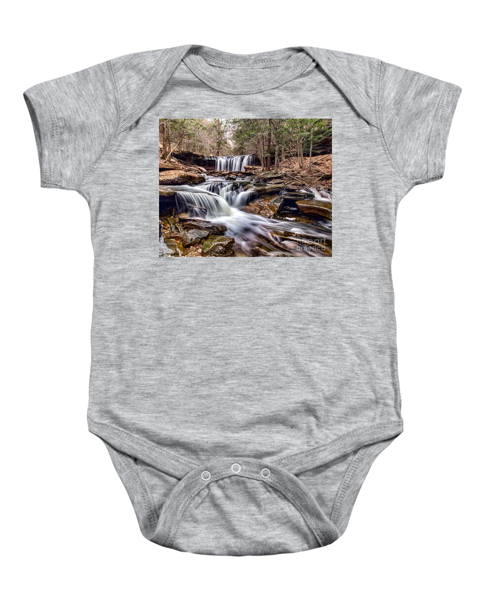 Another Spectacular Waterfalls From Rickett's Glen State Park In Pennsylviannia. This Is The Oneida Waterfalls Shot From Below To Incorporate A Few Minor Falls Into The Shot As Well. Baby Onesie featuring the photograph Oneida Falls by Rod Best