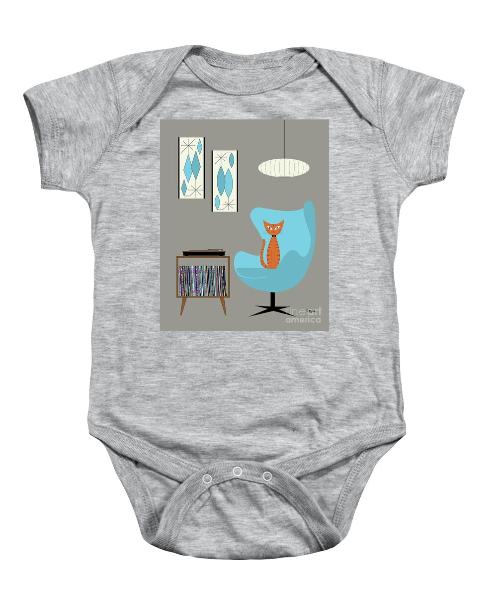  Baby Onesie featuring the digital art Orange Cat in Turquoise Egg Chair by Donna Mibus
