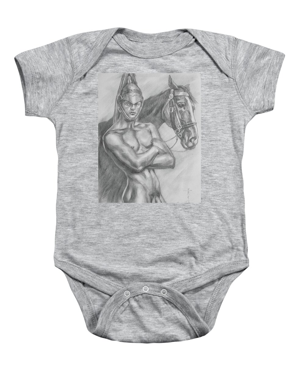 Drawing Baby Onesie featuring the drawing Original drawing pencil male nude and horse#17317 by Hongtao Huang