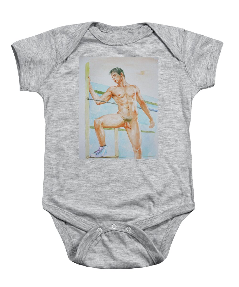 Watercolour Baby Onesie featuring the painting Original Watercolour Painting Art Male Nude Boy On Paper #16-3-10 by Hongtao Huang