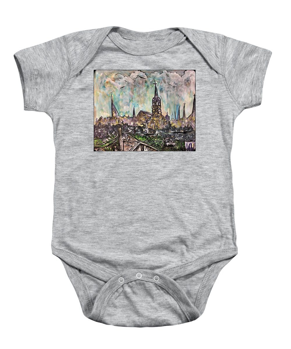Cityscape Baby Onesie featuring the mixed media Our Lady of the Lake University in the Distance by Angela Weddle