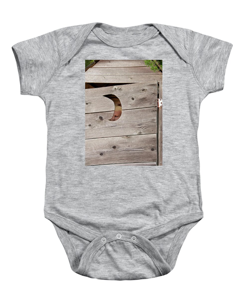 Outhouse Baby Onesie featuring the photograph Outhouse Contemplation by Mitch Spence