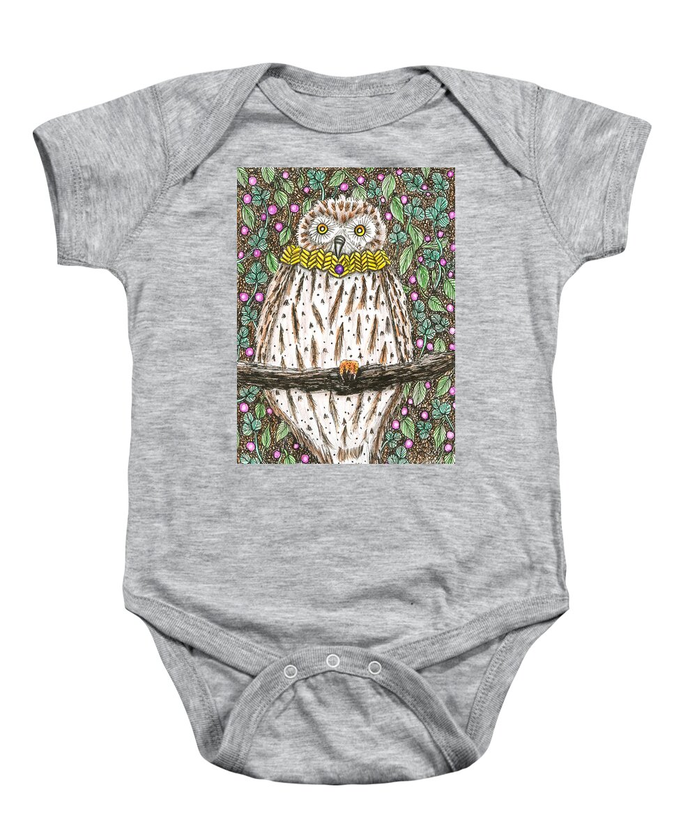 Lise Winne Baby Onesie featuring the drawing Owl Martin in a Cowl by Lise Winne