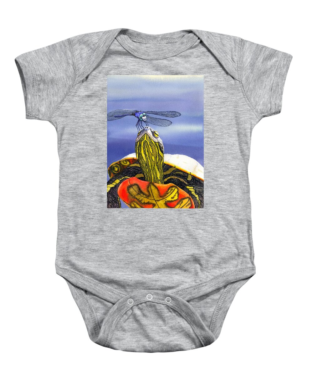 Turtle Baby Onesie featuring the painting Painted Turtle and Dragonfly by Catherine G McElroy