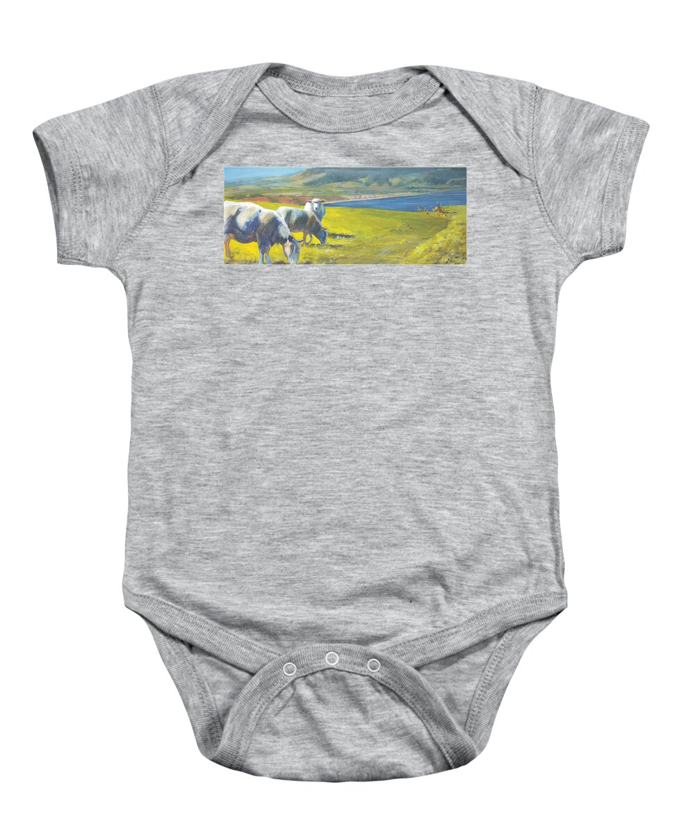 Sheep Painting Baby Onesie featuring the painting Painting of Sheep on a Cliff Top by Mike Jory