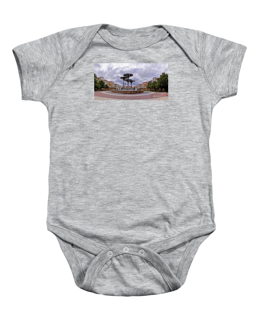 Fort Baby Onesie featuring the photograph Panorama of Texas Christian University Campus Commons and Frog Fountain - Fort Worth Texas by Silvio Ligutti