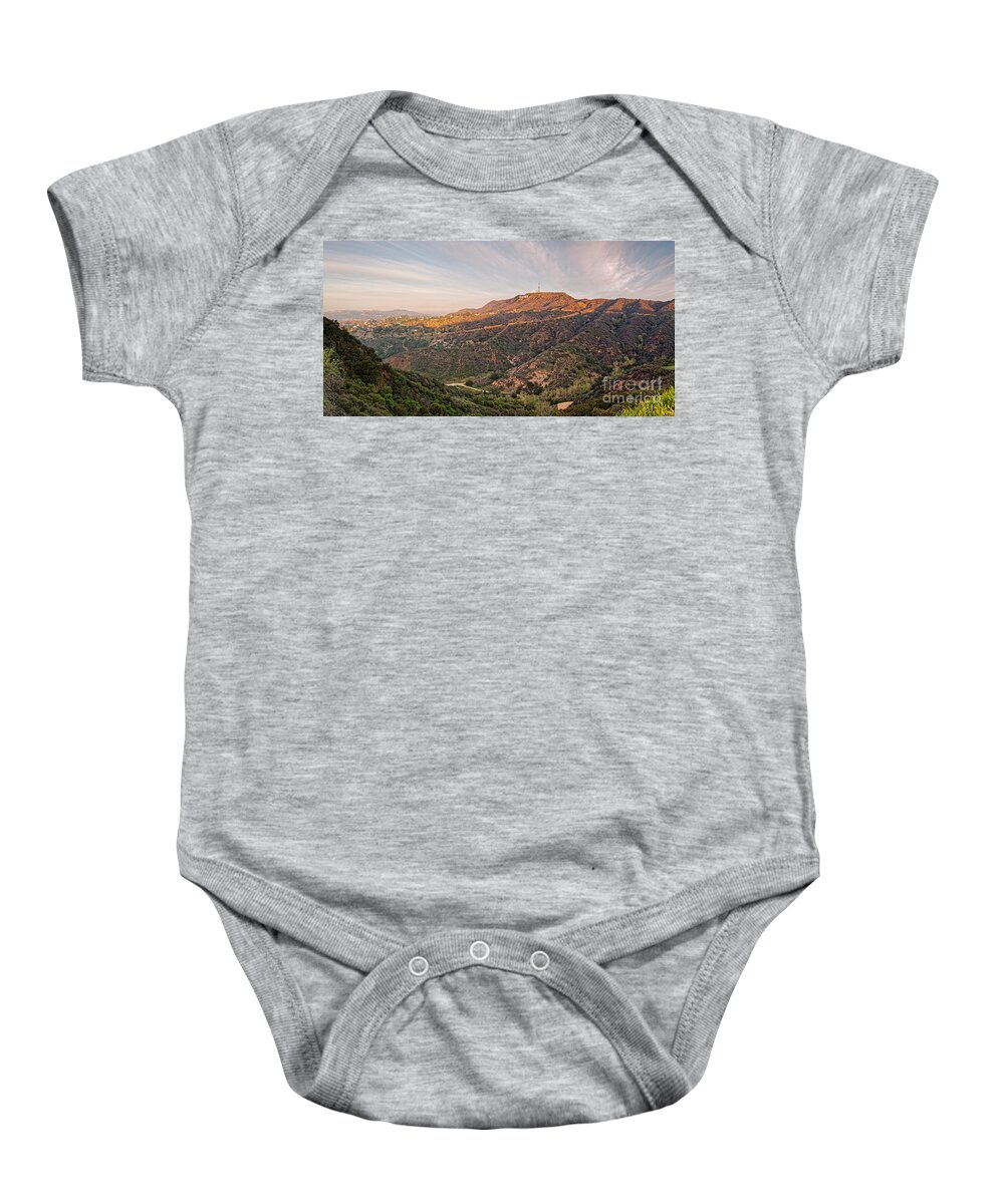 Downtown Baby Onesie featuring the photograph Panorama of the Hollywood Hills and Sign - Los Angeles California by Silvio Ligutti