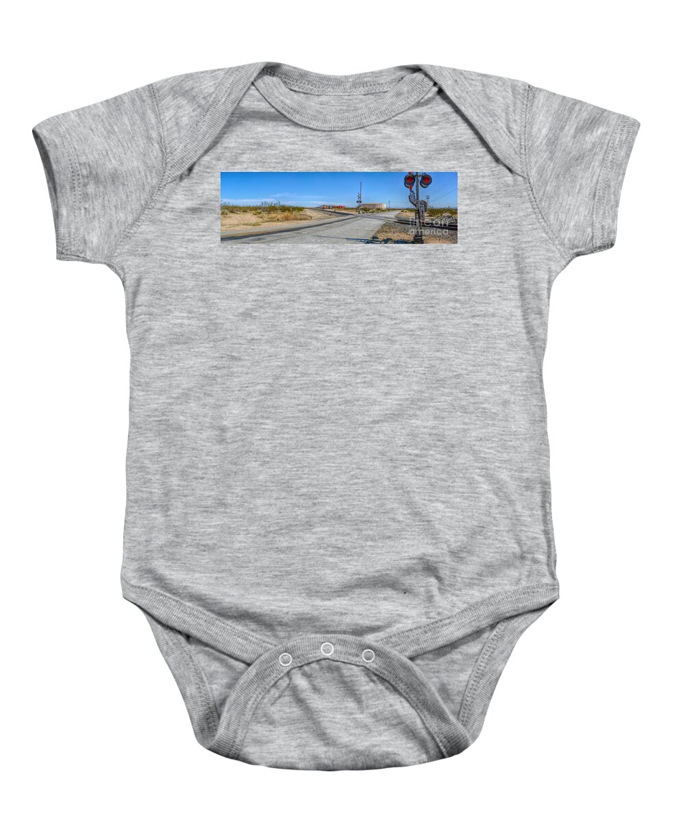 Railway Crossing; Railroad Crossing; Train Crossing; Union Pacific; Freight Train; Yellow; Blue; Green; Red; Water Storage; Train Tracks; Train Signal; Mojave Desert; Mohave Desert; Antelope Valley; Joe Lach Baby Onesie featuring the photograph Panoramic Railway Signal by Joe Lach