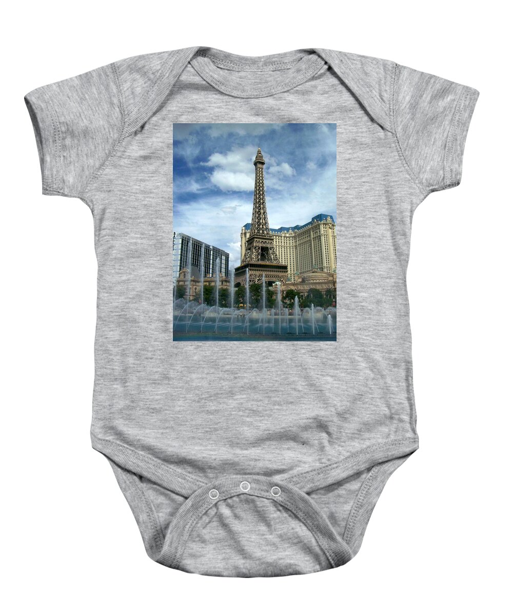 Pars Hotel Baby Onesie featuring the photograph Paris Hotel and Bellagio Fountains by Anita Burgermeister