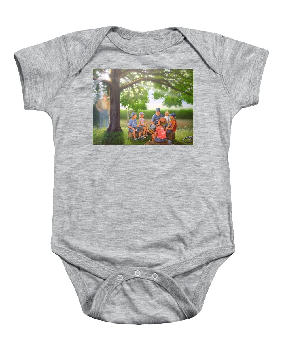 Baseball Baby Onesie featuring the painting Pass it On - Baseball by Anthony J Padgett