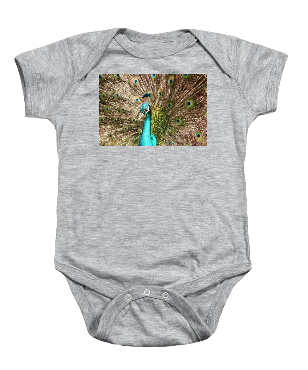 Louisianna Baby Onesie featuring the photograph Peacock Portrait by Jean Noren