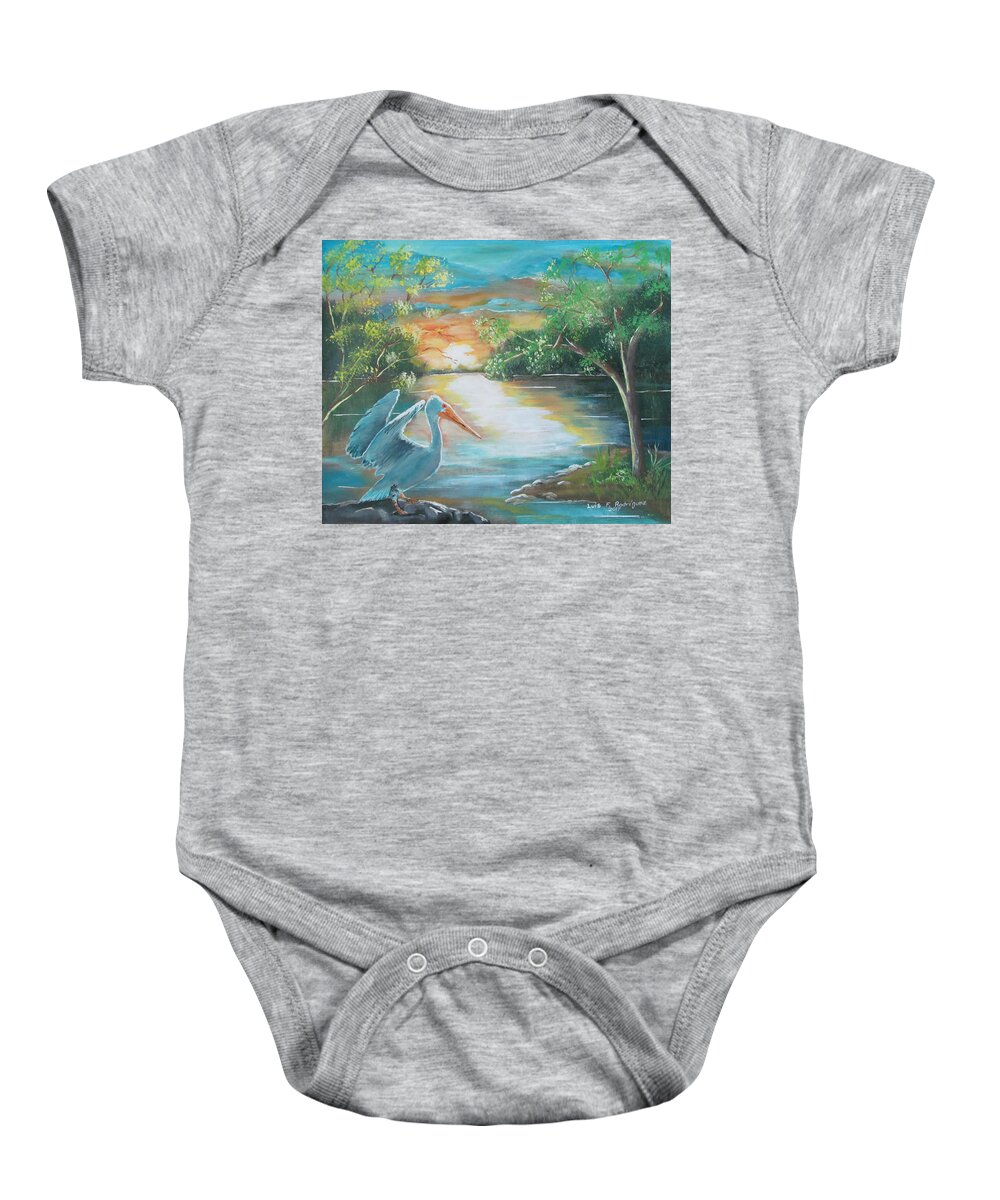 Pelican Baby Onesie featuring the painting Pelican Landed by Luis F Rodriguez
