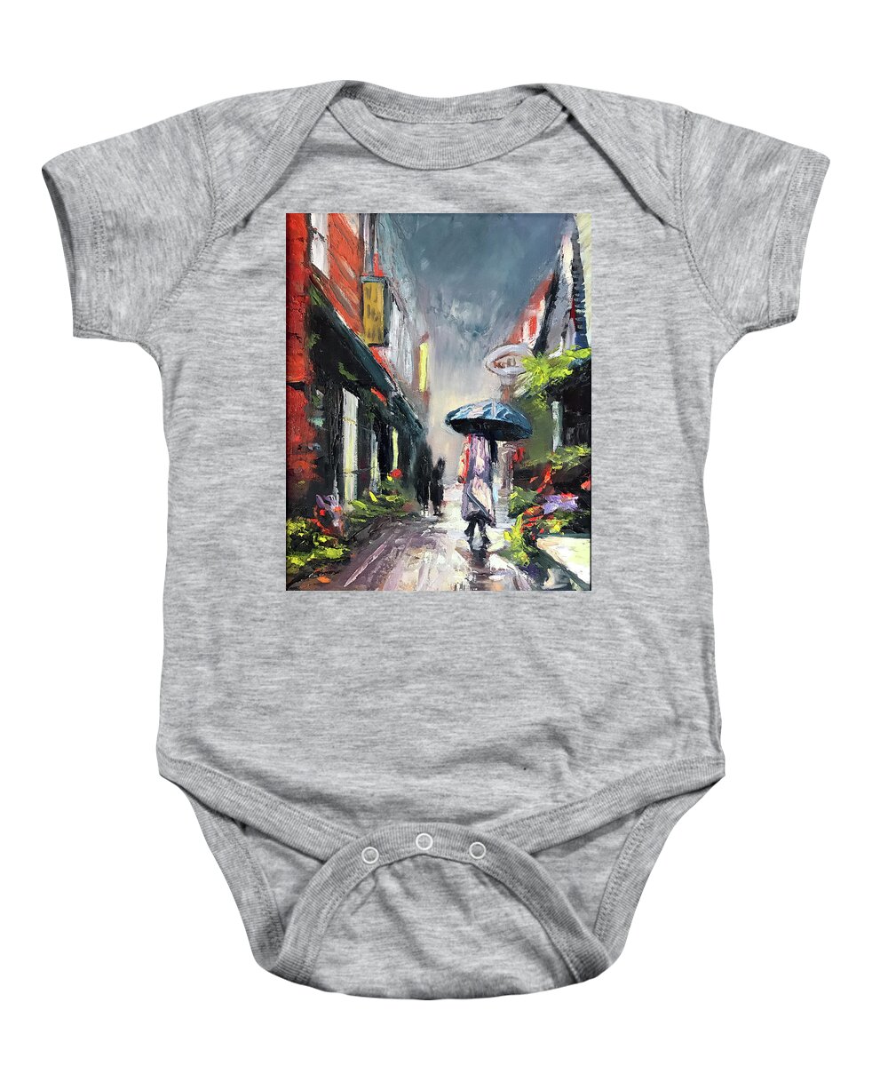  Baby Onesie featuring the painting Penny Lane in the Rain by Josef Kelly