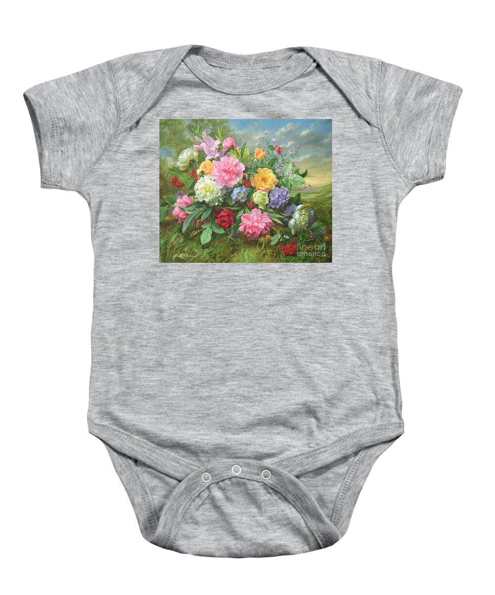 Peonies Baby Onesie featuring the painting Peonies and Hydrangea by Albert Williams