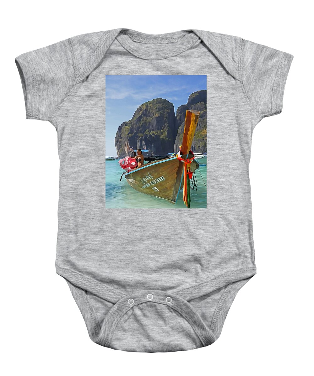 Thailand Baby Onesie featuring the photograph Phi Phi Don Long-tail boat by Dennis Cox