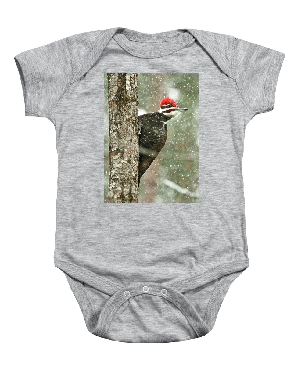 Woodpecker Baby Onesie featuring the photograph Pileated Woodpecker on a Snowy Day by Michael Peychich