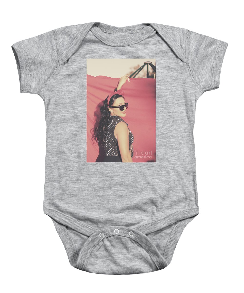 Woman Baby Onesie featuring the photograph Pin up fifties laundry lady hanging out red linen by Jorgo Photography