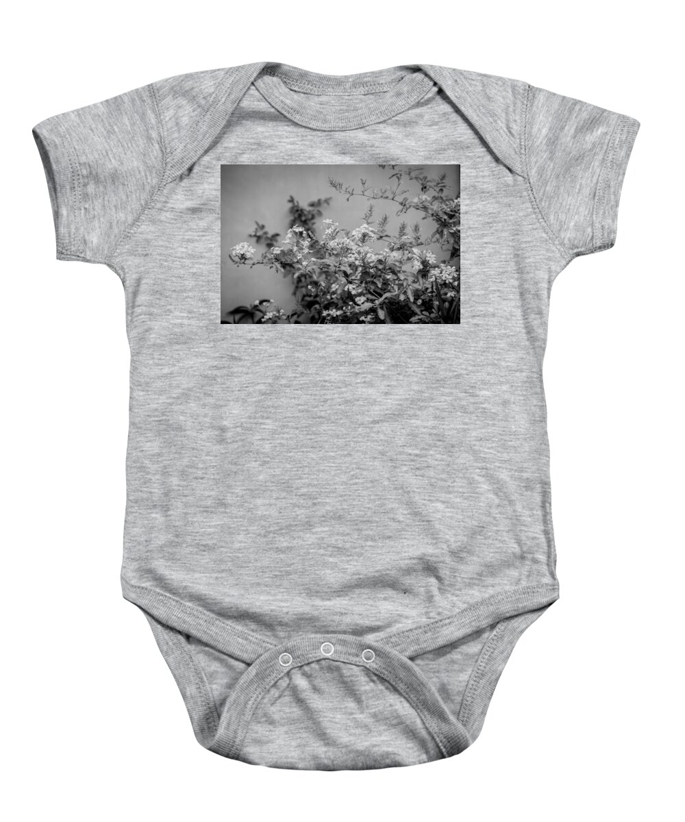 Plumbago Baby Onesie featuring the photograph Plumbago Auriculata Painted BW by Rich Franco