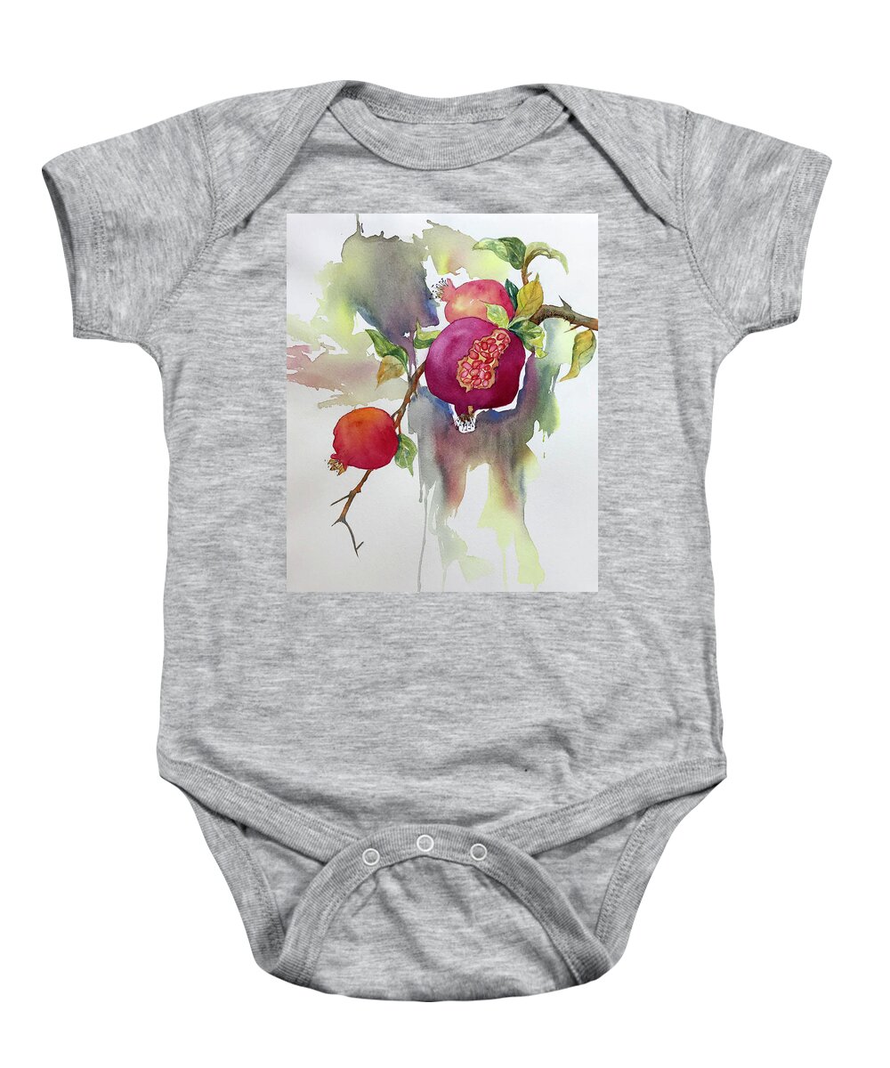 Pomegranates Baby Onesie featuring the painting Pomegranates by Hilda Vandergriff