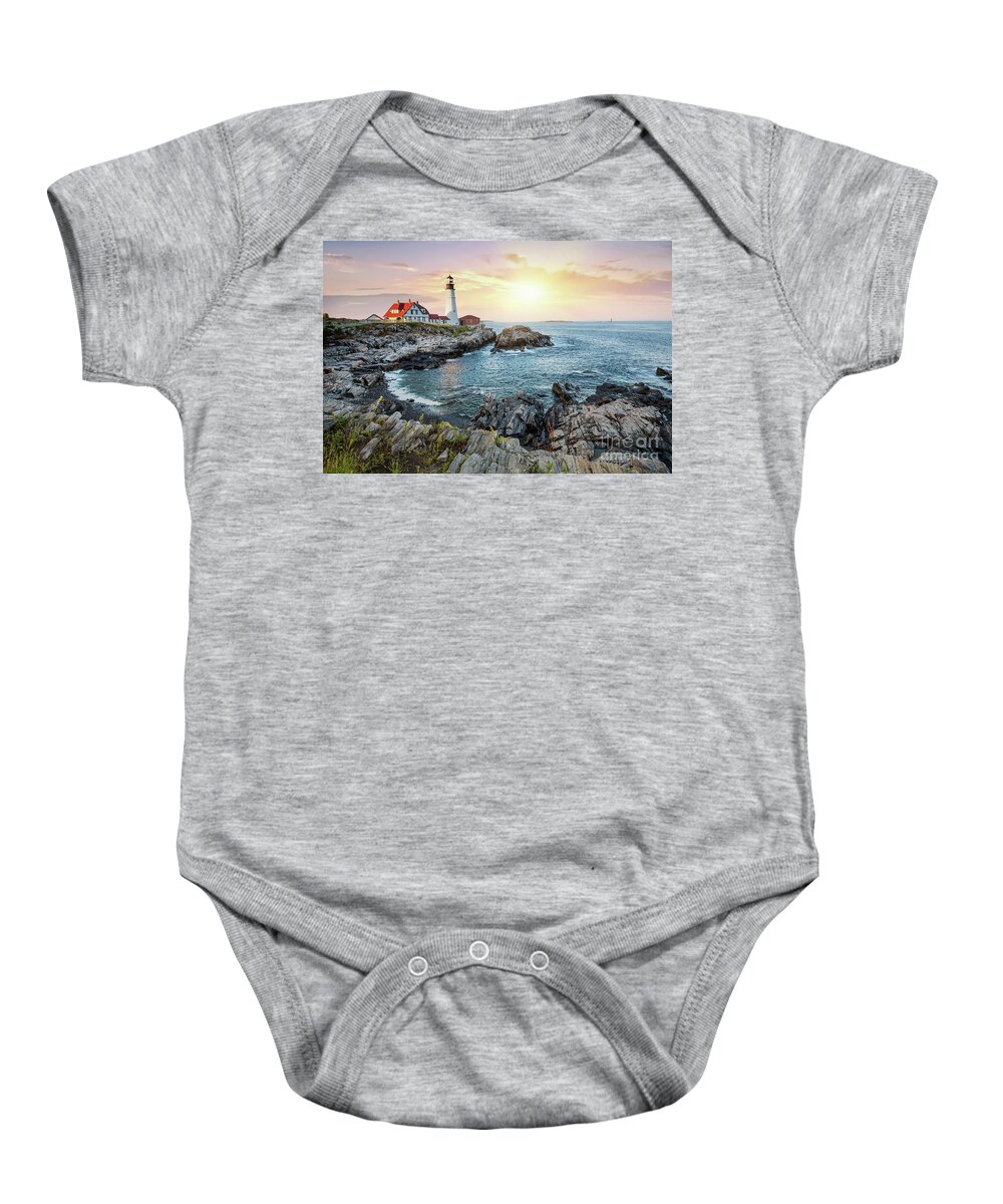 Portland Baby Onesie featuring the photograph Portland Head Light at dusk by Jane Rix